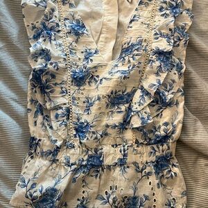Anthropologie Blue Floral Ruffle Blouse